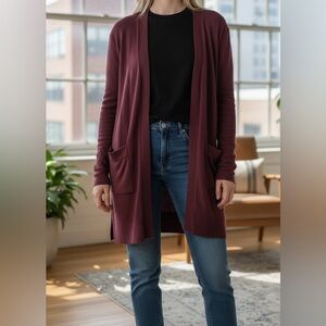 GAP Longline Cardigan Extra Fine Merino Wool Burgundy Black Cherry Womens S